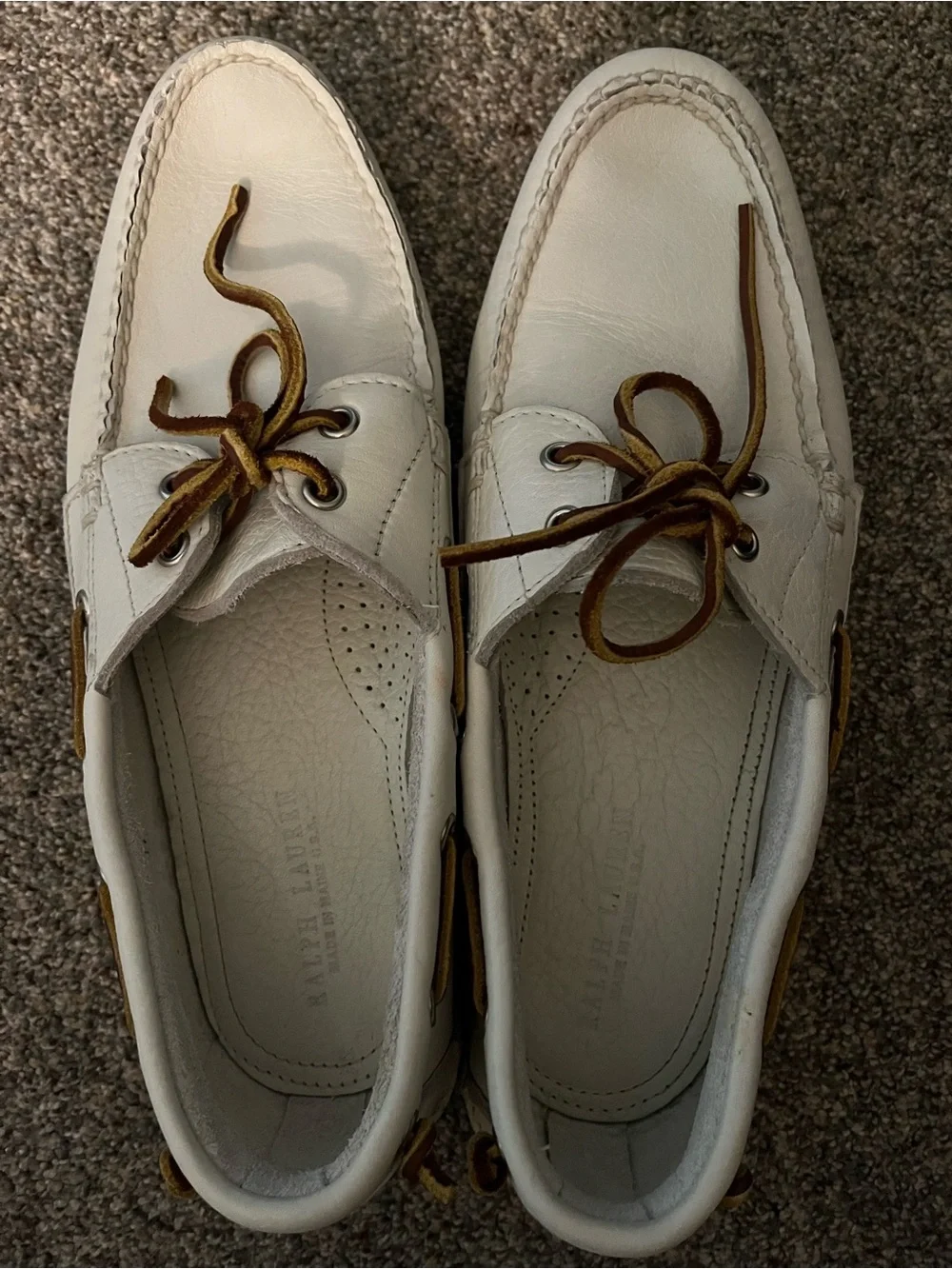 Ralph Lauren White Leather Boat Shoes with Brown Laces